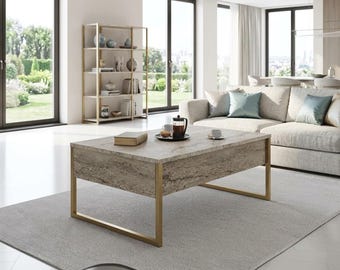 Moderner Rechteck Couchtisch 90x60x40 Marmoroptik Suntalam Eisen Beine Gold oder Schwarz Luxus Wohnzimmer Mitteltisch