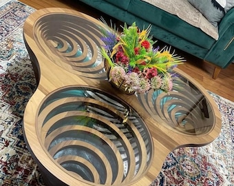 Moderne walnoot salontafel 130 x 130 x 33 geometrisch houten design luxe nostalgisch chique woonkamertafel