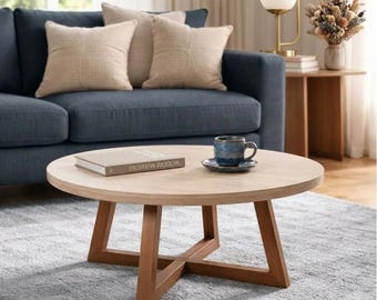 Moderner Travertin Couchtisch 70x70 Rund Graue Platte Holzbeine Minimalistischer Wohnzimmer Tisch Modernes Dekor