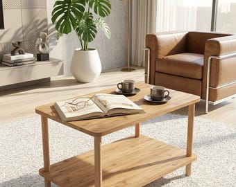 Rectangular Coffee Table 70x45 with Shelf, Modern Atlantic Pine & White Wooden Legs, Brown Melamine Finish, Minimalist Living Room Table