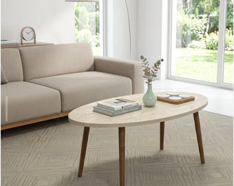 Stylish Oval Coffee Table Wooden Turned Legs Cream Travertine 90x50x41cm Modern Classic  Living Room