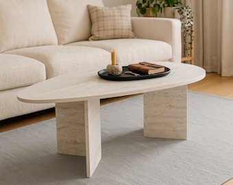 Travertine Coffee Table 80x140cm Fixed Ellipse Flap Model Decorative Chic Minimalist Modern Natural Stone Living Room Furniture Trend Decor