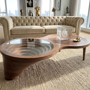 Op de afbeelding: Een eigentijdse salontafel met een glazen blad en een gesneden houten voet. De tafel heeft een kenmerkend, vloeiend ontwerp met een cirkelvormige glazen inzet. Een heldere kubus met een hartsculptuur staat op de tafel.