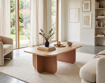 Mesa de centro minimalista moderna de 100x60x42 cm – Rectangular, de piedra arenisca y roble, mesa pequeña para salón, decoración del hogar, mesa de centro elegante.