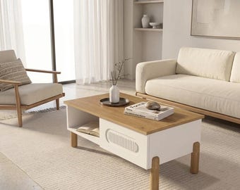 Tavolino da caffè boho Napoli fatto a mano con cestino portaoggetti e ripiano rettangolare moderno in truciolato giallo e bianco 90x54x39,6 cm Tavolo da centro stanza