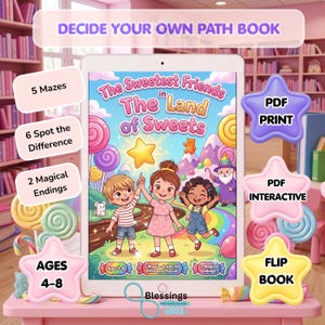 Peut inclure: Une tablette numérique affichant la couverture d'un livre pour enfants intitulée The Sweetest Friends in The Land of Sweets, avec trois enfants, un magicien et des paysages de bonbons. Des encadrés listent 5 labyrinthes, 6 jeux des erreurs, 2 fins magiques et les âges 4-8.