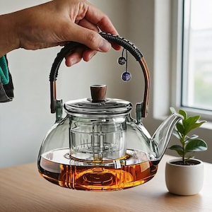 Può includere: Una teiera in vetro trasparente con corpo arrotondato, infusore in vetro rimovibile e pomello del coperchio in legno. Il manico è avvolto da un cordino nero e presenta due piccoli ciondoli decorativi. La teiera contiene liquido color ambra.