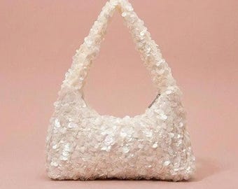 White Sequin Shoulder Bag — Iridescent Pearl Hobo,Bridal Wedding Clutch