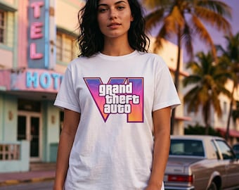 GTA 6 Retro Sunset Gamer Logo Heavyweight T-Shirt | Vice City Palm Tree Graphic Tee