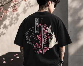 Japansk Sakura-t-shirt – Körsbärsblommande bomullströja, överdimensionerad Harajuku Streetwear, avslappnad anime-inspirerad unisex-tröja