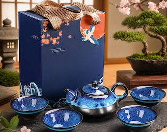 Japansk blå keramik teservis – Tekanna och koppar, porslinstekanna, teceremonistil