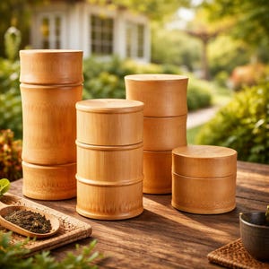 Puede incluir: Varios botes de té de bambú de diferentes tamaños están colocados sobre una mesa de madera. Los botes son cilíndricos con tapas redondeadas. Una cuchara de madera con hojas de té descansa sobre una pequeña bandeja de madera.