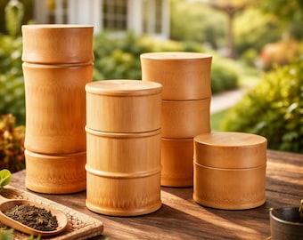Caja de almacenamiento de alimentos de bambú natural – Bote ecológico para té, recipiente para especias y frutos secos, organizador de cocina de estilo japonés, tarro de almacenamiento de madera