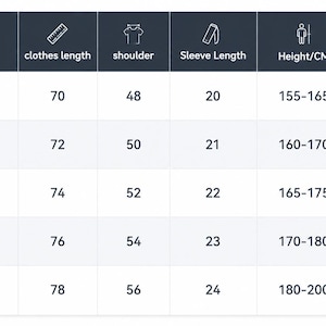 May include: A size chart with measurements for clothing. The chart includes sizes S, M, L, XL, and XXL. Measurements are provided for bust, clothes length, shoulder, sleeve length, height in centimeters, and weight in kilograms.