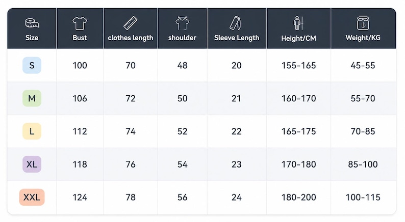 May include: A size chart with measurements for clothing. The chart includes sizes S, M, L, XL, and XXL. Measurements are provided for bust, clothes length, shoulder, sleeve length, height in centimeters, and weight in kilograms.