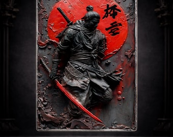 Vintage Samurai Ninja Metallplakett – Japansk Krigare Väggkonst (20 x 30 cm)