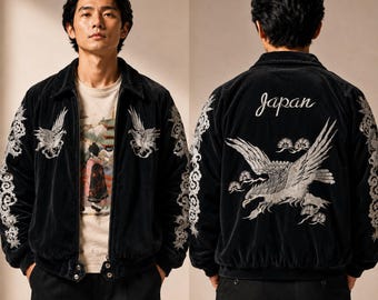Japansk drakebomberjacka – Harajuku Y2K Streetwear, gotisk broderad fleecefodrad kappa, överdimensionerad hiphop-dragkedja