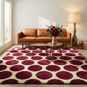 May include: A living room scene featuring a brown leather sofa, two wooden side tables, and a floor lamp. A large area rug with a cream background and burgundy polka dots covers the floor. A vase of red flowers sits on a table.