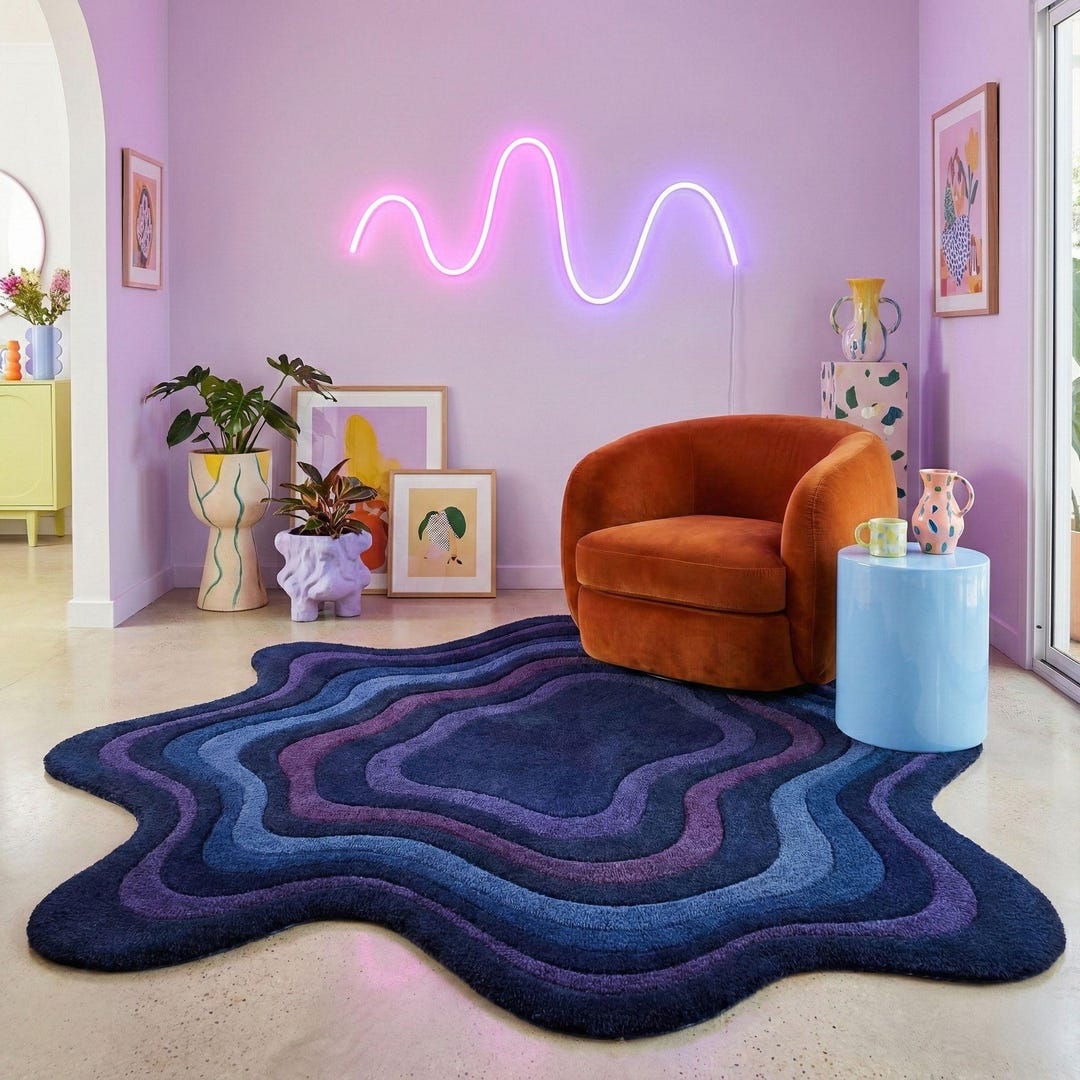 Hand Tufted Wool Rug Blue & Purple Wavy Abstract Shape, Large Aesthetic ...