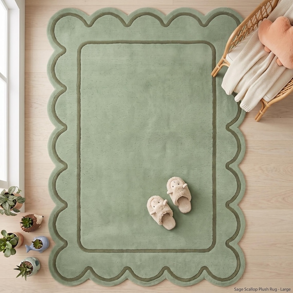 Sage Green Scalloped Wool Rug, Hand Tufted Area Rug, Wavy Edge Border, Premium Plush Japandi Decor Carpet, Living Room Bedroom Nursery Rug