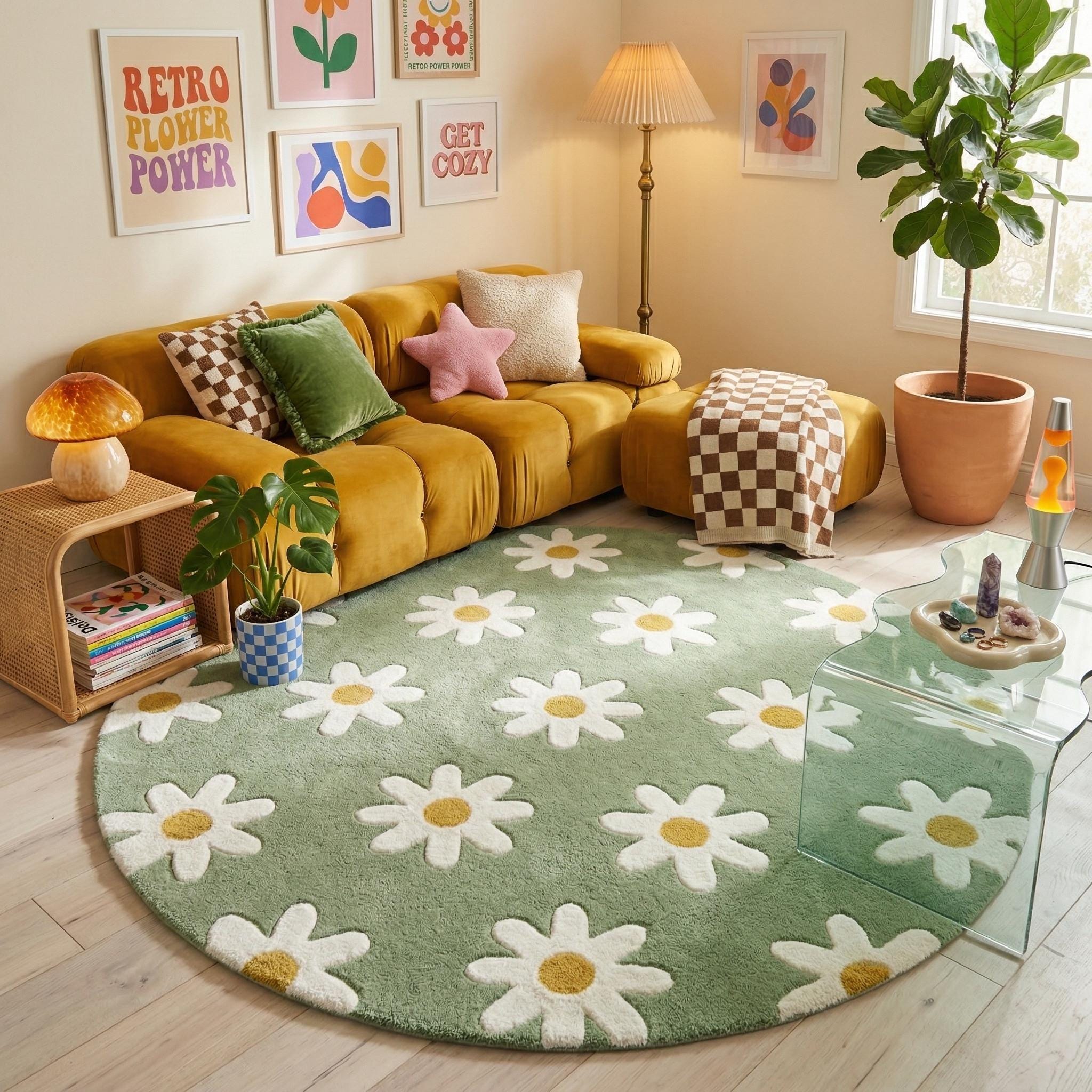 Hand Tufted Sage Green Daisy Rug, Round Wool Floral Area Rug for ...