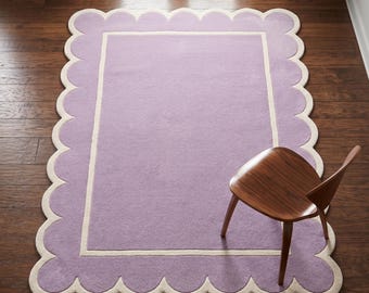 Lilac Lavender Scalloped Wool Rug - Hand Tufted Purple Wavy Edge Area Rug for Cute Nursery or Kids Room - Danish Pastel Girls Bedroom Decor