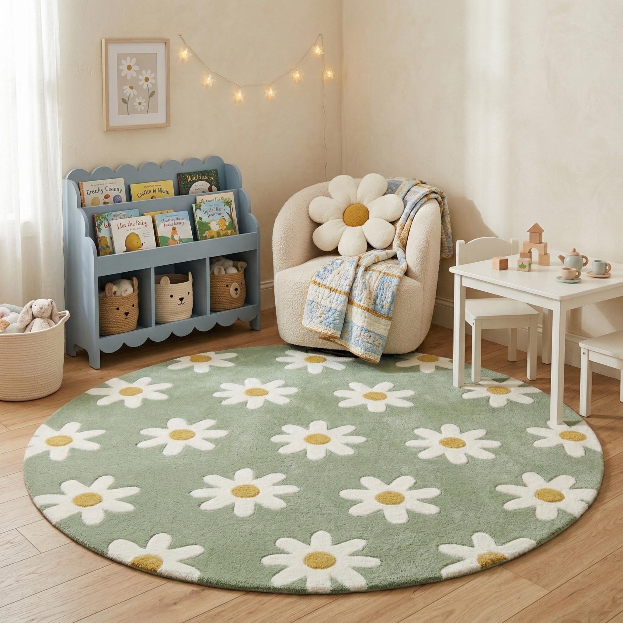 Hand Tufted Sage Green Daisy Rug, Round Wool Floral Area Rug for ...