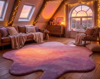 Sunset Aura Hand Tufted Wool Rug, Pink Purple Ombre Abstract Irregular Area Rug, Aesthetic Pastel Nursery Decor Carpet