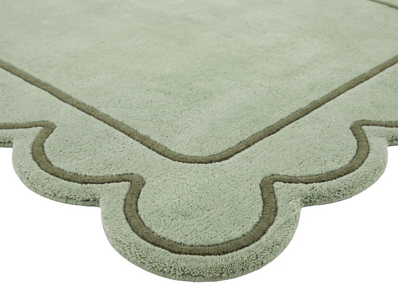 Sage Green Scalloped Wool Rug, Hand Tufted Area Rug, Wavy Edge Border, Premium Plush Japandi Decor Carpet, Living Room Bedroom Nursery Rug image 7