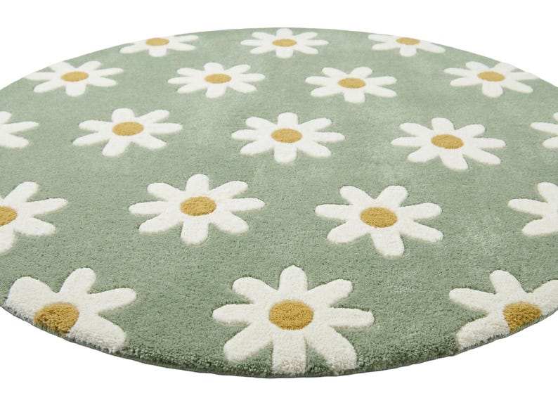 Hand Tufted Sage Green Daisy Rug, Round Wool Floral Area Rug for ...