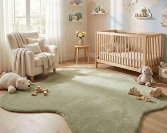 Sage Green Wool Rug, Hand Tufted Organic Shaped Area Rug, Irregular Cloud Rug for Nursery, Soft Aesthetic Room Decor