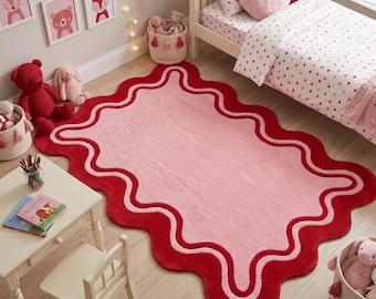 Pink and Red Wavy Scalloped Edge Wool Rug, Hand Tufted Danish Pastel Area Carpet, Funky Coquette Bedroom Living Room Decor