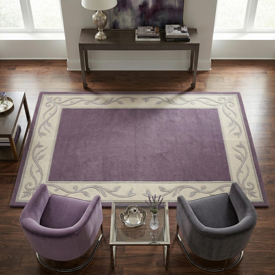 Luxury Purple Hand Tufted Wool Rug, Sculpted Floral Botanical Border ...