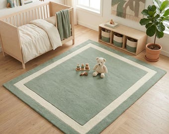 Sage Green Wool Rug - Hand Tufted Sage & Cream Border Rug, Large Area Rug for Nursery