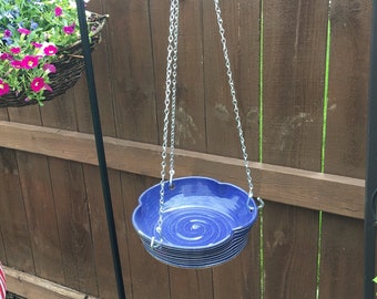 Bird Bath -Ready to Ship Hanging Bird Feeder -Clover Shape Garden Decoration - Cobalt Blue Pottery Yard Art  - modern ceramics and pottery