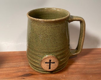 Cross Coffee Mug-avocado green-16 oz-ready to ship -christian Stamp image -religious gift idea -Made To Order-ceramics -pottery - stoneware