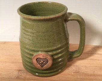 Heart Coffee Mug - Avocado Green -16 oz-ready to ship -Heart Stamp  -modern mug -Made To Order-ceramics -pottery - stoneware