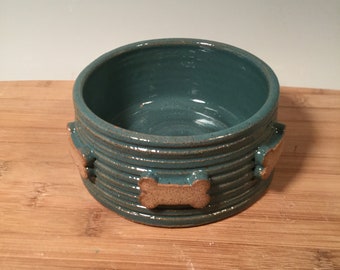 Small Cat  Dog dish - One Pottery pet Bowl - Dog Bone Pattern -Aqua Turquoise Pottery Bowl - ceramics - pottery - stoneware - pets - feeding