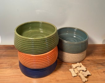 Custom Stoneware Dog Bowl: Medium Pottery Pet Dish, Paw Print Option