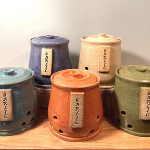Custom Stoneware Garlic Keeper: Lidded Pottery Jar, Choose Your Color