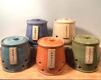 Custom Stoneware Garlic Keeper: Lidded Pottery Jar, Choose Your Color