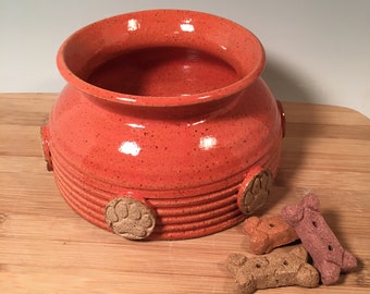 Long Ear Dog Bowl- Spaniel Bowl -mess free dog water bowl -Coral Burnt Orange pottery -ready to ship - ceramics - stoneware - pets - feeding