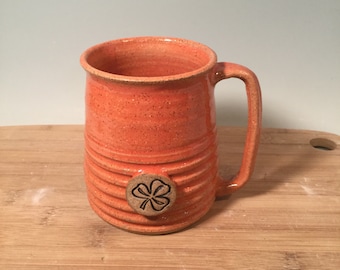 Shamrock Coffee Mug -coral orange-16 oz -Ready to ship -Irish stamp image -modern coffee mug - Made To Order- ceramics - pottery - stoneware