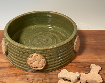 Avocado Green Pottery Dog Bowl: Paw Print Stoneware Pet Dish
