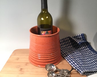 Pottery Kitchen Utensil Holder - Ceramic Wine Chiller-Coral Orange- farmhouse style - Ready to Ship - ceramics  - modern pottery- stoneware