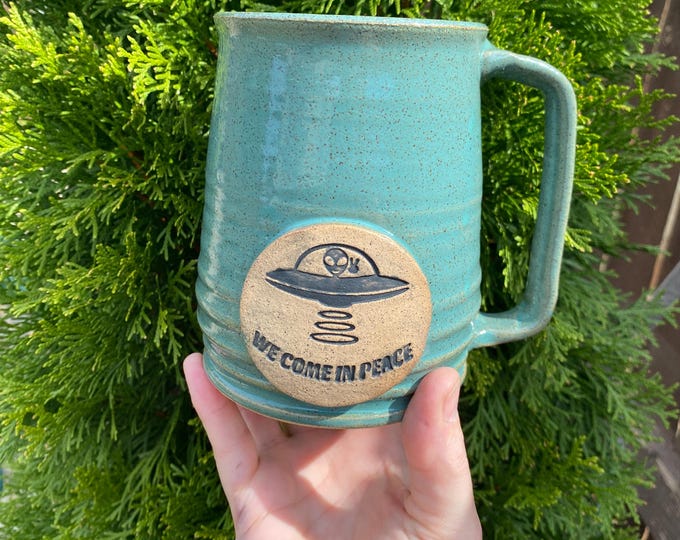 Alien Coffee Mug: Hand Stamped Stoneware Pottery - 16 oz