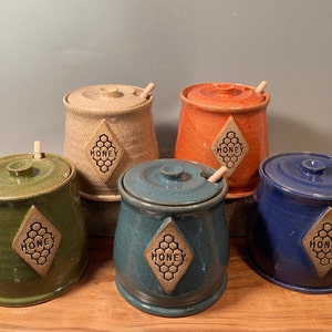 Made To Order - Custom Honey Pot - Honey Jar - with Wooden Dipper Stick - Kitchen Storage - Choose your Color