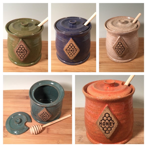 Made To Order - Custom Honey Pot - Honey Jar - with Wooden Dipper Stick - Kitchen Storage - Choose your Color