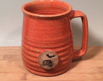 Skull and bat Coffee Mug - Coral Orange-Ready to Ship -16 oz- skull stamp image - Halloween modern coffee mug -ceramics -pottery -stoneware