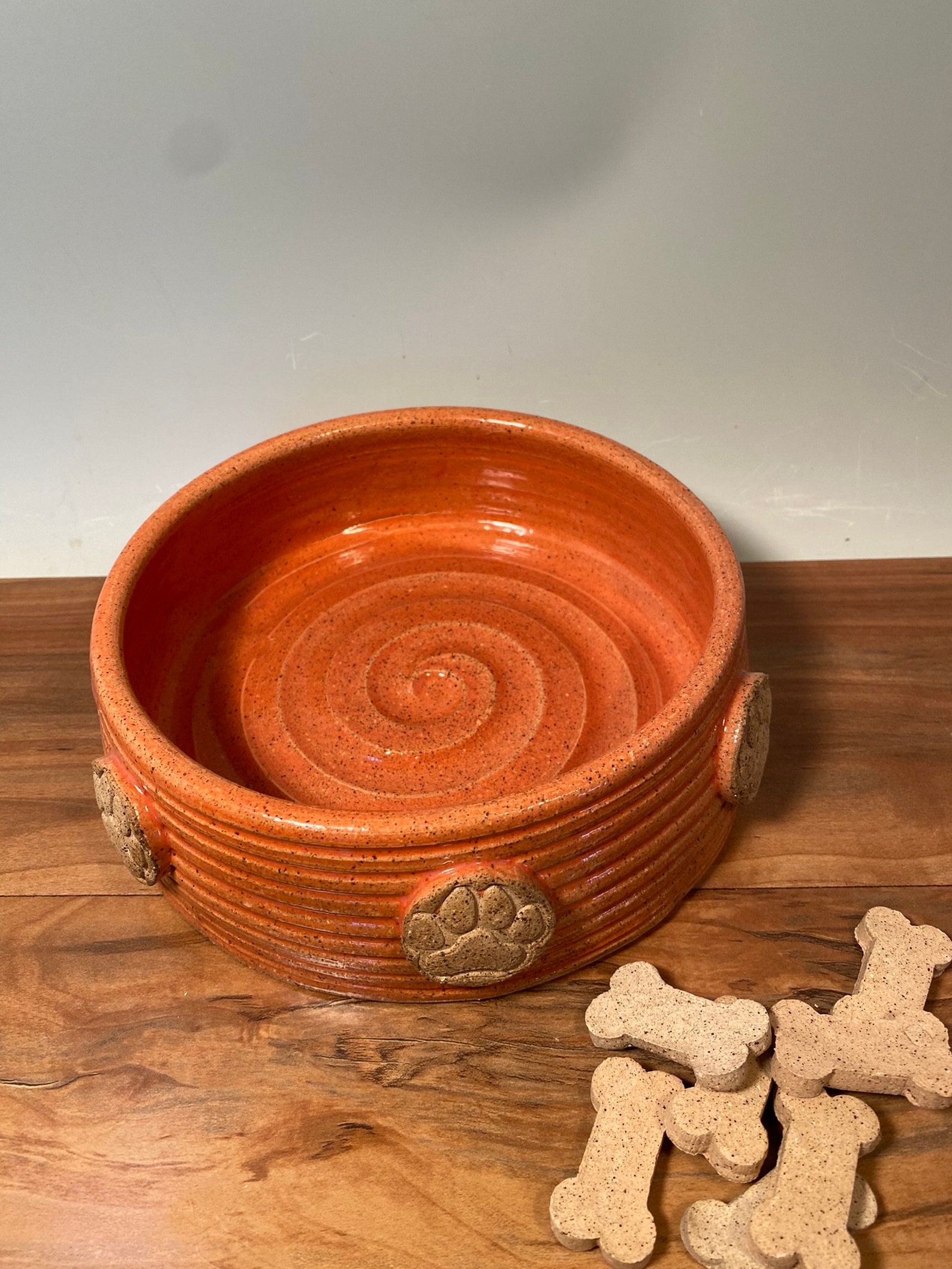 Medium Pet Dish - Dog Bowl With Paw Prints- Coral Orange Pottery Dog ...